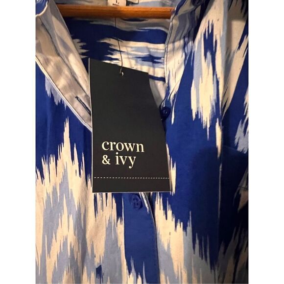 Crown & Ivy Womens L Tie Waist Boyfriend Dress Blue Ikat Print Sleeveless Summer - Picture 6 of 9